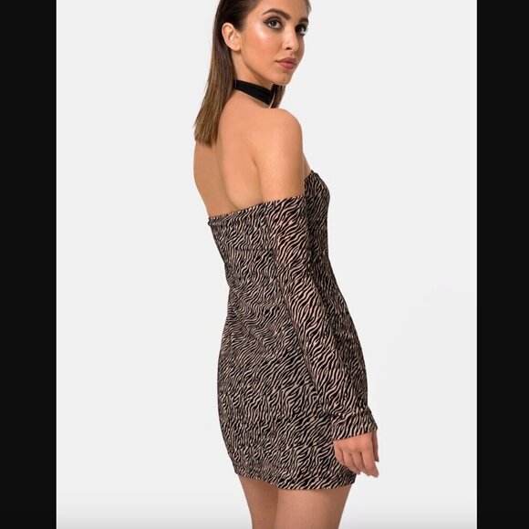 Motel Geneva Bodycon Dress in Tiger Net Tan M - Picture 2 of 8